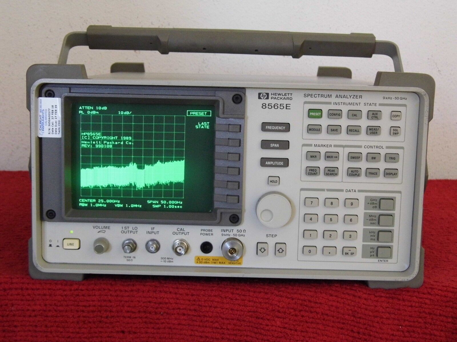 Agilent 8565E opt's 006/007 Spectrum Analyzer, 30Hz to 50GHz NIST w/DATA Agilent 8565E opt's 006/007 Spectrum Analyzer, 30Hz to 50GHz NIST w/DATA